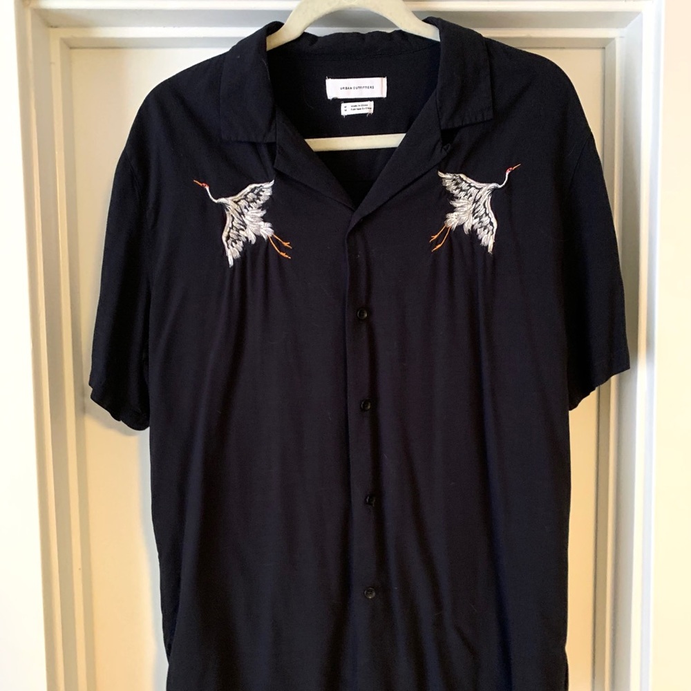 Black button down with cranes on chest
